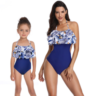 Printing Hanging Neck Lace-up Backless Ruffles Parent-child One-piece Swimsuit NSHYU121350