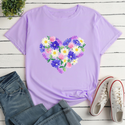 Floral Heart Print Loose Short Sleeve T-Shirt NSYAY123104