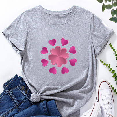 Flower And Heart Print Loose Short Sleeve T-Shirt NSYAY126442