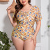 plus size floral short-sleeved open-back one-piece swimsuit NSLM121581