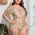 plus size floral short-sleeved open-back one-piece swimsuit NSLM121581