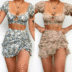 conjunto floral de dos piezas de blusa y falda con cordón hueco y mangas cortas de corte bajo NSCXY121647
