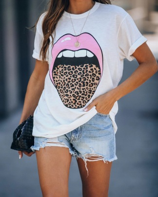 Leopard Print Lip Print Casual Short-sleeved T-shirt  NSCXY121651