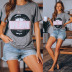  black lip letter print casual short-sleeved gray T-shirt  NSCXY121652