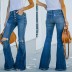 blue high-waist single-breasted washed ripped mopping flared jeans  NSCXY121661