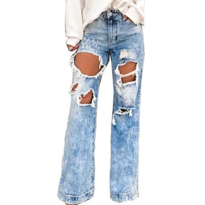 Light Blue Washed Raw Edge Ripped Straight Jeans  NSCXY121666