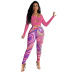 long sleeve wrap chest lace-up solid color top and print tight see-through pant set NSGMT121677