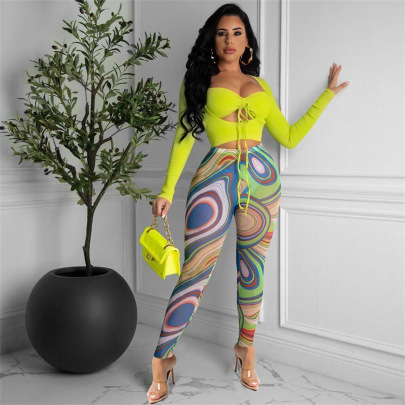 Long Sleeve Wrap Chest Lace-up Solid Color Top And Print Tight See-through Pant Set NSGMT121677
