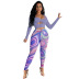 long sleeve wrap chest lace-up solid color top and print tight see-through pant set NSGMT121677