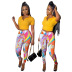 V-neck lapel solid color top and printed tight trousers set NSGMT121680