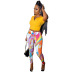 V-neck lapel solid color top and printed tight trousers set NSGMT121680