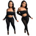 sling off-shoulder long sleeve tight solid color see-through top and pant set NSGMT121681