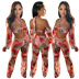 printing hanging neck backless wrap chest long sleeve high waist top and pant set NSGMT121682