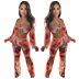printing hanging neck backless wrap chest long sleeve high waist top and pant set NSGMT121682