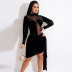black long-sleeved stitching perspective mesh top and knotted skirt two-piece set  NSCBB121727