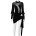 black long-sleeved stitching perspective mesh top and knotted skirt two-piece set  NSCBB121727