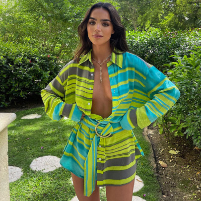 Color Matching Printed Long-sleeved Swimsuit Cover-up Shirt Jacket  NSCBB121736