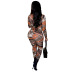 printing high waist hollow long sleeve lace-up tight jumpsuit NSGMT121761