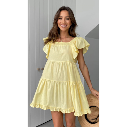Solid Color Word Neck Short-sleeved Layered Short Dress  NSCXY121787