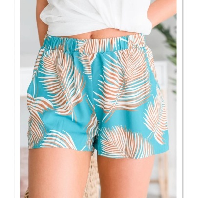 Summer Leaf Print Loose Elastic Shorts  NSCXY121789