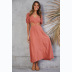solid color lantern short-sleeved hollow v-neck mid-length dress  NSCXY121792