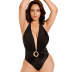 plus size v-neck hanging neck backless solid color one-piece swimsuit NSYDS121806