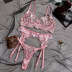 sexy rosa flor bordado costura perspectiva malla liguero conjunto de tres piezas NSHLN121816