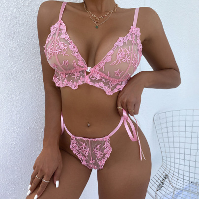 Pink Perspective Mesh Embroidery Lace-up Underwear Two-piece Set NSHLN121820