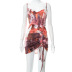 color matching print drawstring short sling dress  NSCBB121825