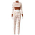 perspective mesh long-sleeved round neck printed stitching two-piece set NSCBB121828