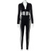 long sleeve suit collar stitching solid color see-through one-piece top and pant set NSCBB121836