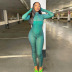 green print long-sleeved round neck tight jumpsuit  NSCBB121876