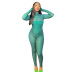 green print long-sleeved round neck tight jumpsuit  NSCBB121876