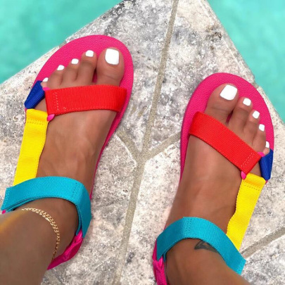 Color-blocking Velcro Flat Sandals NSYBJ121882