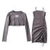solid color long-sleeved round neck top and drawstring sling dress two piece set NSLAY122228