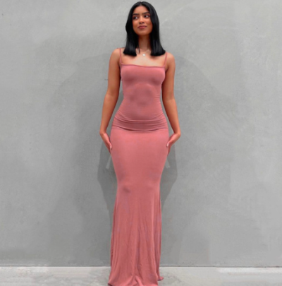 Solid Color Low-cut Package Hip Sling Long Dress NSYKD121203
