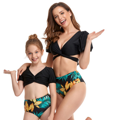 Bubble Short-sleeved Green Print/leopard Print Tankinis Parent-child Two-piece Set Swimwear  NSHYU121358