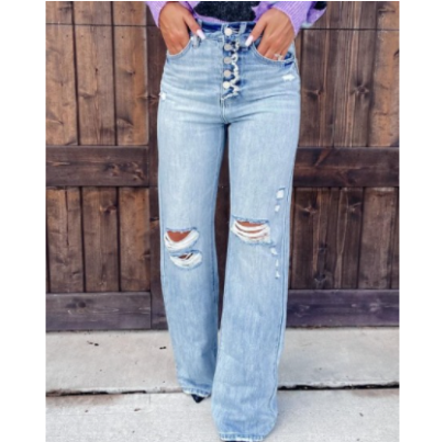 Blue High-waist Buttoned Washed Ripped Jeans NSCXY121658