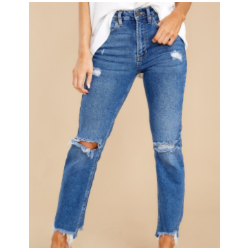 Blue High-waist Wash Water Raw-edge Ripped Jeans  NSCXY121660