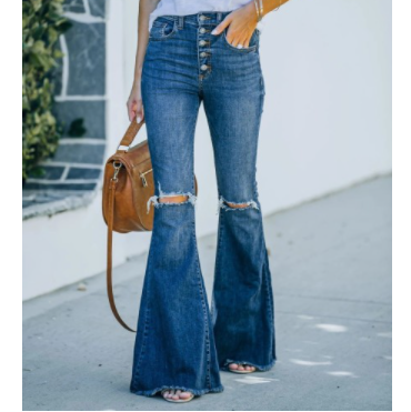 Blue High-waist Single-breasted Washed Ripped Mopping Flared Jeans  NSCXY121661