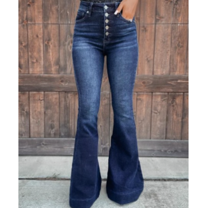 Blue High-waist Single-breasted Flared Jeans  NSCXY121655