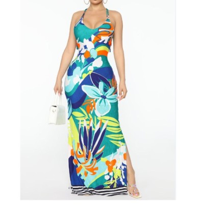 Flower Print Backless Split Slim Slip Maxi Dress NSHFH121899
