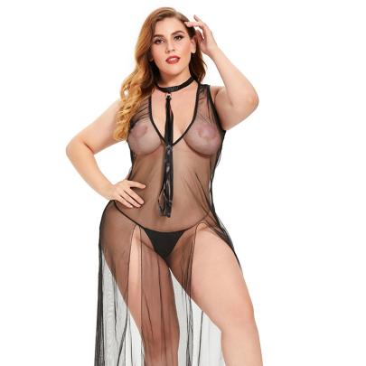 Plus Size Sleeveless Slit Low-cut See-through Sexy Dress And Tie Set Without Belt NSLXQ123085