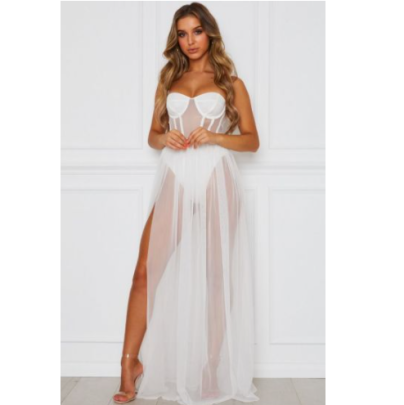 Sling Wrap Chest Backless Slit Solid Color See-through Dress NSYCX121599