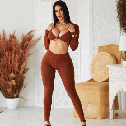 Long Sleeve Wrap Chest High Waist Tight Solid Color Top And Pant Set NSCBB121849