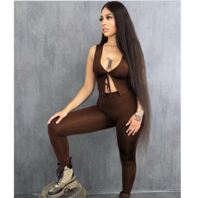 Sleeveless Lace-up Low-cut High Waist Solid Color Top And Pant Set NSGMT121750