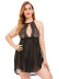 Plus Size hanging neck backless hollow solid color lace see-through Pajama NSLXQ123076