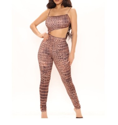 Sling Hollow Backless Lace-up Tight Snake Print Jumpsuit NSHFH121905