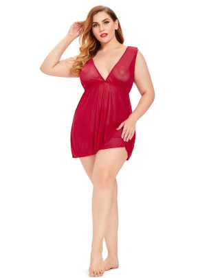 Plus Size V-Neck Sleeveless Sexy Solid Color See-through Pajama NSLXQ123074
