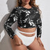 plus size long-sleeved print hollow high waist split two-piece swimsuit  NSJHD122057